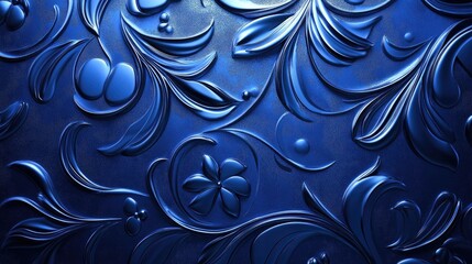 Poster - Abstract background featuring floral or symbolic patterns embossed on a metallic blue surface