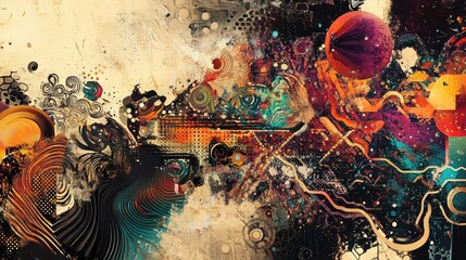 Aufkleber - Abstract graphic design featuring a fusion of various images and intricate patterns