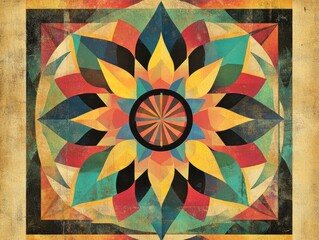 Poster - Colorful abstract vintage texture featuring a bright flower and geometric patterns illustrated in a kaleidoscopic style