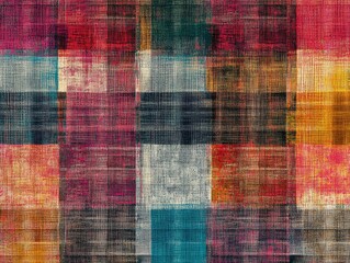 Poster - Abstract texture featuring a multicolored weave pattern with a vintage checkered backdrop complemented by a geometric plaid illustration suitable for wallpaper fabric or digital printing designs