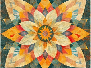 Poster - Colorful abstract vintage texture featuring a bright flower and geometric patterns illustrated in a kaleidoscopic style