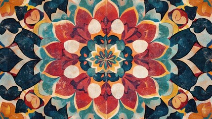 Poster - Colorful abstract floral design featuring a symmetrical pattern with ornamental kaleidoscope movements and geometric shapes resembling circles and stars