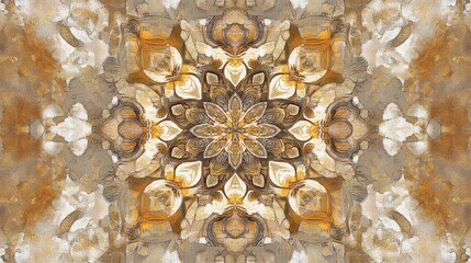 Poster - Kaleidoscopic tile design in golden hues featuring a mandala shape Intricate abstract pattern with an Eastern inspired motif