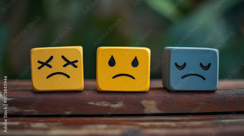 Hand Select Sadness Or Unhappy Face On Wooden Block. No Passion, Feel ...