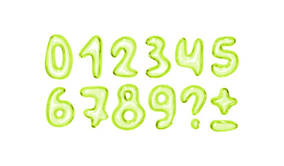 Poster - Set of shiny pink bubble style numbers and symbols on white background. Playful glossy digits ranging from 0 to 9, additional punctuation marks. Realistic 3d design. Vector illustration