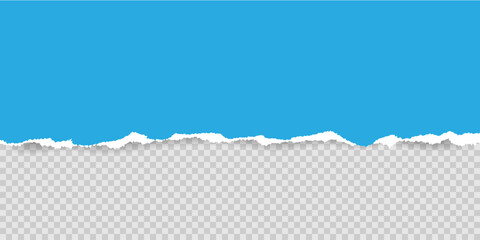 Poster - Realistic Torn blue paper Sheet with shadow on transparent background. Ripped edge texture. Copy space. Modern Template for Banner header Poster Business Design. Vector illustration