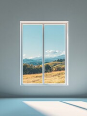 Leinwandbilder - A tranquil view through a spacious window showcases a lush landscape filled with hills and blue skies, creating a peaceful atmosphere. Generative AI