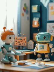 Aufkleber - Friendly robot assistants are interacting in a vibrant children's room filled with colorful decorations and playful elements. Generative AI