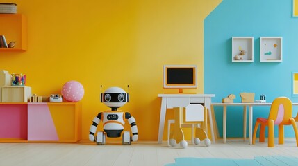 Aufkleber - Brightly colored walls create a playful atmosphere in a kids' room with friendly robots, toys, and a creative workspace for learning. Generative AI
