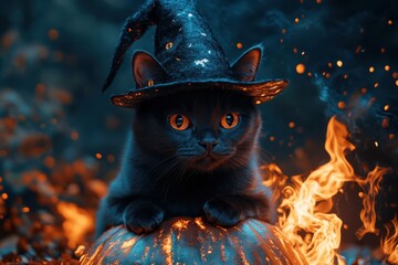  Black Cat with Witch Hat on a Glowing Pumpkin
