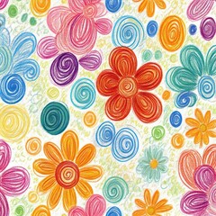 Bright and colorful crayon swirls and floral doodles fill the design creating a playful and whimsical atmosphere