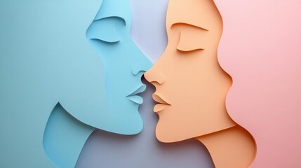 Poster - Two abstract silhouettes in soft pastel colors illustrate the themes of communication and empathy, blending emotional connection beautifully. Generative AI