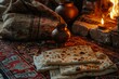 © grPix - Lavash filled with traditional fillings, spread on an old rug with ethnic patterns, set against a cozy home interior.Lavash.Armenian flat bread.Lavash bread.Traditional armenian dish.