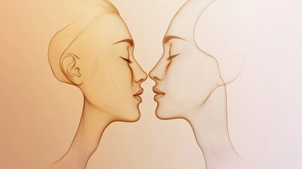 Poster - Two abstract silhouettes in soft pastels represent the deep connection of empathy and effective communication between individuals. Generative AI