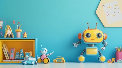 Aufkleber - Brightly colored robots assist children in a lively room filled with toys, art supplies, and creative decorations, fostering imagination and play. Generative AI