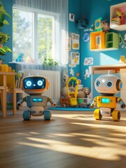 Aufkleber - Brightly colored robot companions engage with toys in a lively children's room filled with warmth and creativity. Generative AI