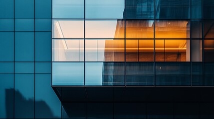 Poster - A close-up view of a modern glass building with illuminated interior.