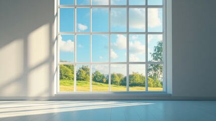 Aufkleber - Natural light floods through a window, showcasing a tranquil landscape of trees and a vibrant sky, enhancing the room's atmosphere. Generative AI