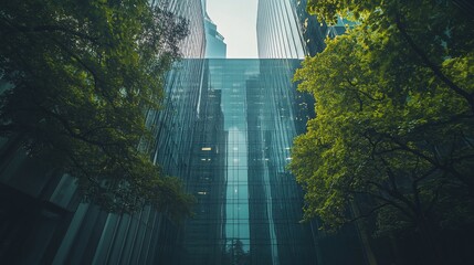 Poster - A low angle view of a tall office building, with trees framing the sides, in a city setting.