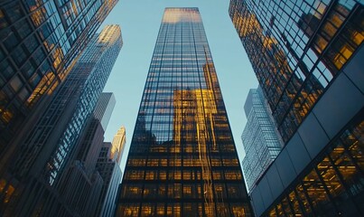Poster - A low angle view of skyscrapers with glass facades reflecting the sunset.