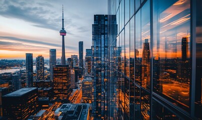 Aufkleber - A modern cityscape skyline with tall buildings and a sunset reflected in the glass facade of a skyscraper.