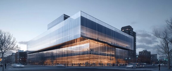 Poster - A modern glass and steel office building with people walking in front of it on a street.