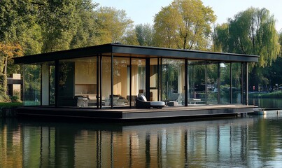 Poster - A modern glass and wood house on a lake with a wooden deck and chairs.