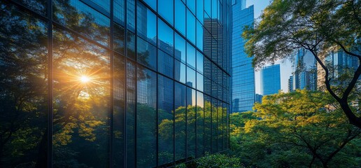 Poster - A modern glass building reflecting the sun and trees.