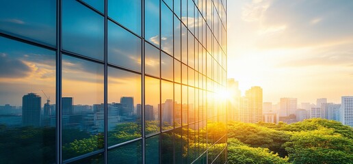 Poster - A modern glass building reflects a vibrant sunset over a city skyline, creating a stunning visual of urban life and the promise of a new day.