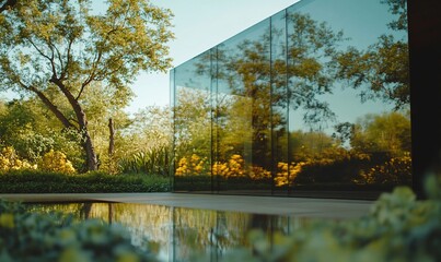 Poster - A modern glass building with a reflecting pool in front, surrounded by greenery and trees.