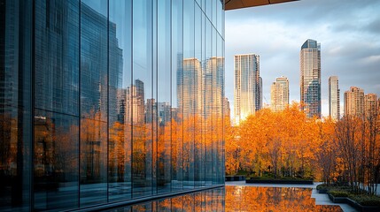 Poster - A modern glass building with a reflection of a city skyline and fall foliage.