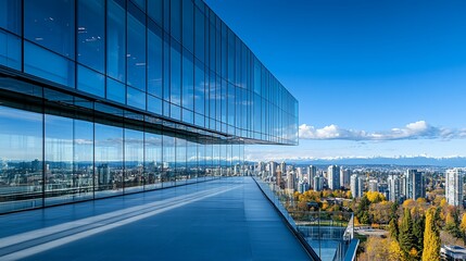 Poster - A modern glass building with a rooftop terrace overlooking a city skyline with mountains in the distance.