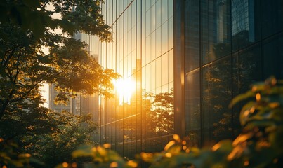 Poster - A modern glass building with a sunset reflecting in the windows. The building is surrounded by trees and greenery.