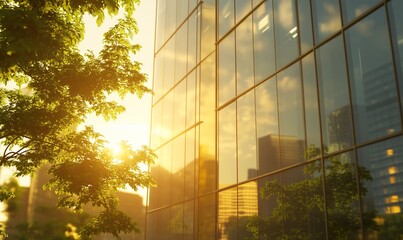 Poster - A modern glass building with green trees in the foreground. The sun is setting behind the building and reflecting in the windows.