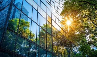 Poster - A modern glass building with trees reflected in its windows. The sun shines brightly, casting a warm glow over the scene.
