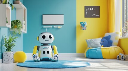 Aufkleber - The colorful children's room buzzes with activity as friendly robot assistants interact and engage with children and toys. Generative AI