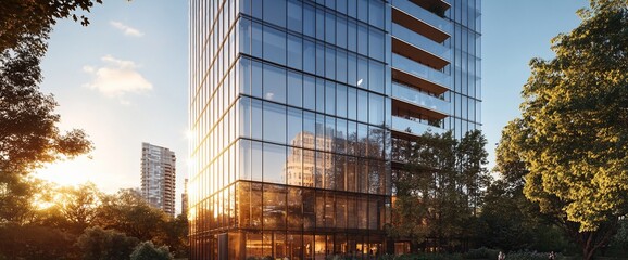 Poster - A modern glass skyscraper surrounded by lush greenery at sunset.