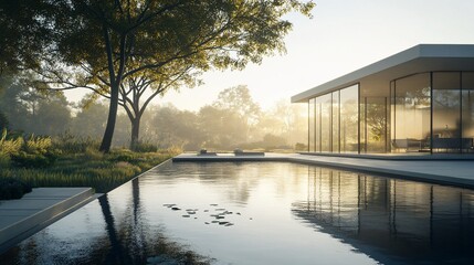 Aufkleber - A modern house with a large swimming pool and a deck in the background, all surrounded by trees and greenery. The sun is shining and the sky is blue.