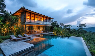 Aufkleber - A modern luxury villa with a swimming pool and a view of the mountains at dusk.