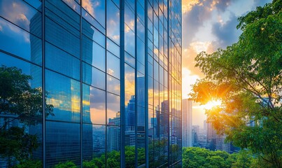 Poster - A modern office building with glass windows reflecting the city skyline and sunset.