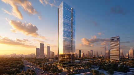 Poster - A modern skyscraper in the heart of a bustling city, with a beautiful sunset sky.