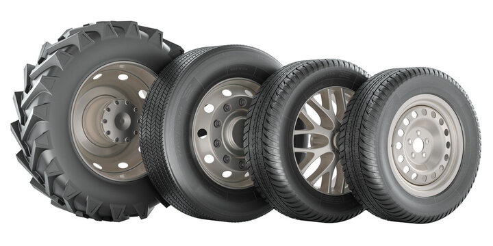 Tractor wheel, bus or truck wheel and car wheels with steel and alloy rims. Wheels of various types and sizes, 3D rendering isolated on transparent background