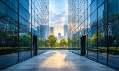 Poster - A modern urban cityscape with two tall buildings on either side of a paved walkway leading to a view of the city skyline.