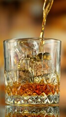 Fototapete - Freeze Motion of Pouring Whiskey into Glass with Ice.