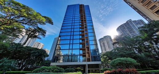 Poster - A modern, glass-fronted skyscraper building in a tropical city setting, with lush green trees in the foreground and blue sky above.