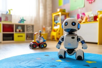Aufkleber - Brightly colored children's room filled with toys and friendly robot assistants, creating an inviting and cheerful atmosphere. Generative AI