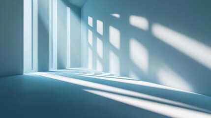 Poster - Light streams through openings, casting elongated shadows across a tranquil interior, creating a calm and reflective mood throughout the space. Generative AI