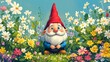 © Enggal Pitoyo - A happy gnome sits among a field of colorful flowers.