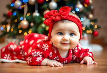 Festive Baby in Red Outfit with Christmas Tree Backdrop created with generative AI