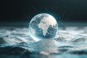 Poster - transparent glass globe floating on rippling ocean waves